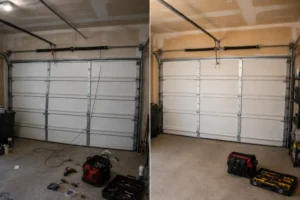 Before and after garage door repair comparison showing messy work versus a clean professional torsion spring installation