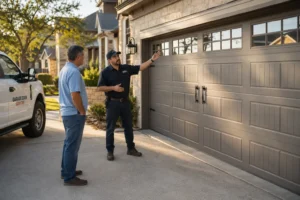 Garage door technician explaining a repair to a homeowner near Shavano Park